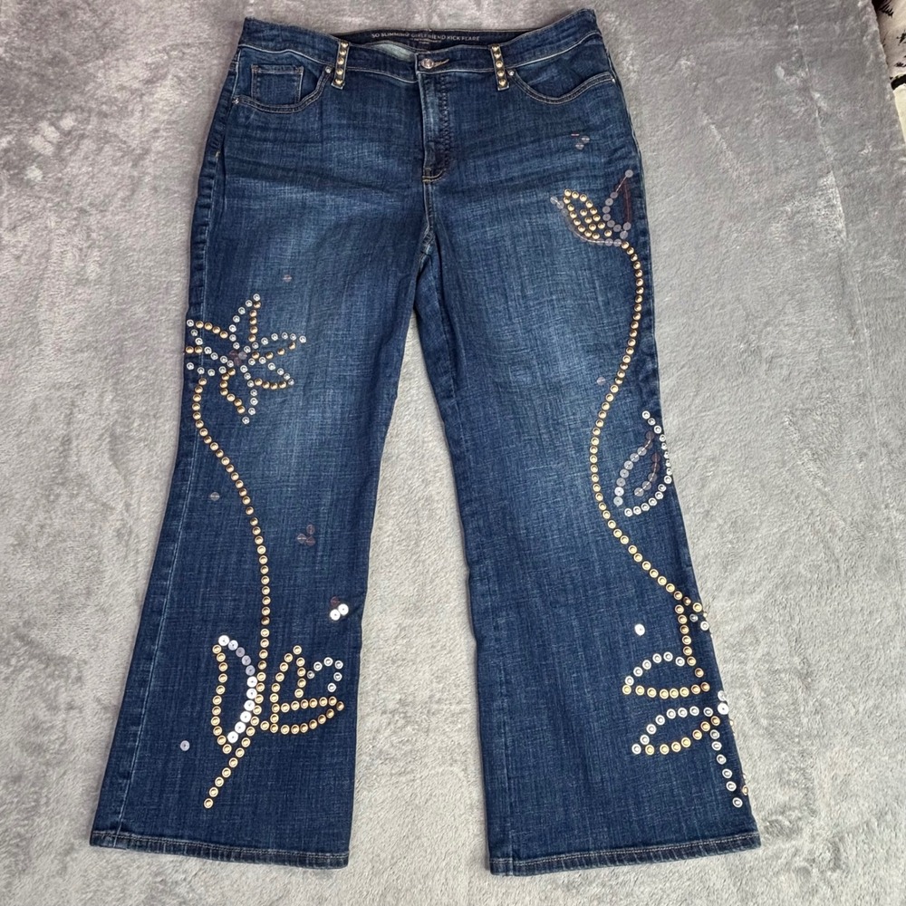 Chico's So Slimming Jeans Womens 14 Blue Floral Studded Girlfriend Kick Flare